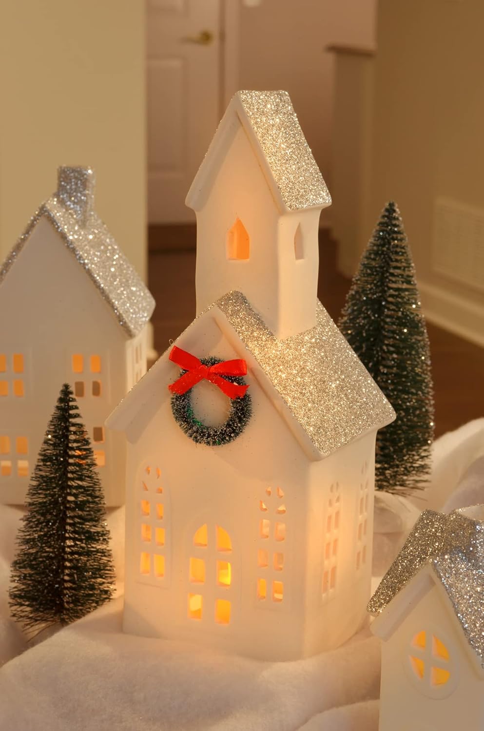 Mark Feldstein & Associates Silver Rooftopped Village - 16-Piece LED Holiday Figurine Set, 11 Inch