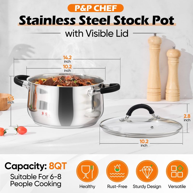 P&P CHEF Stainless Steel Stock Pot, 8 Qt Cooking Soup Pot with Visible Lid for Pasta, Tri-Ply Bottom & Dual Heatproof Handles, For Induction Gas All Stoves, Non-Toxic & Dishwasher Safe
