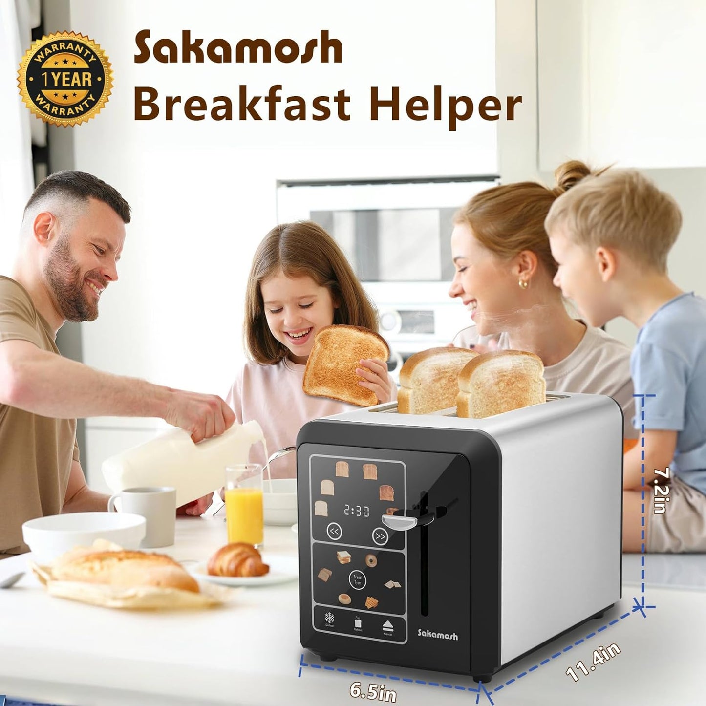 SAKAMOSH 2-Slice Toaster - Smart Digital Display with 6 Browning Levels & 1.3" Wide Slots - Stainless Steel, 800W