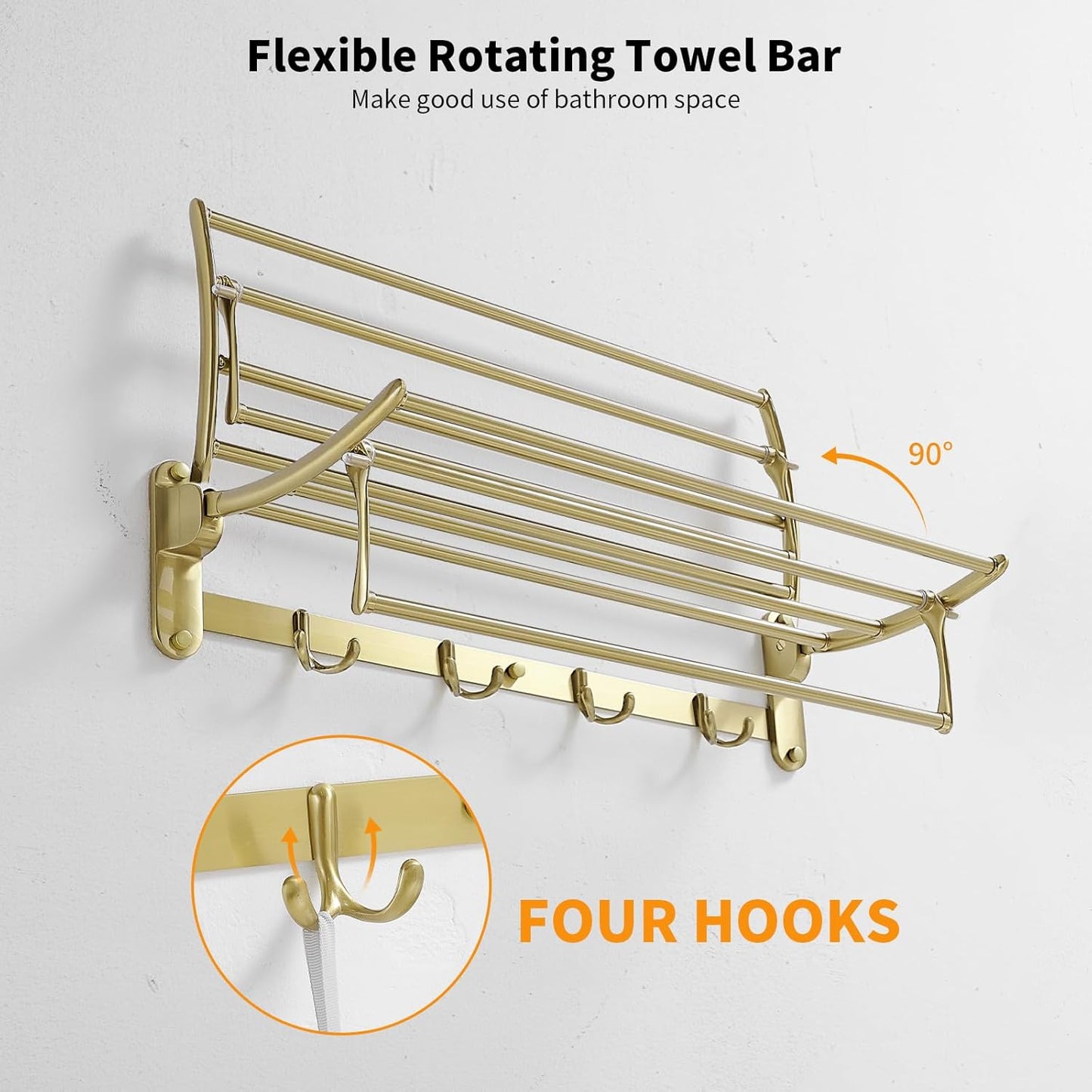 BESy 24 Inch Brushed Nickel Towel Racks, Bathroom Towel Shelf with Foldable Towel Bar Holder and Towel Hooks, Wall Mounted Multifunctional Bathroom Accessories, Double Towel Bars