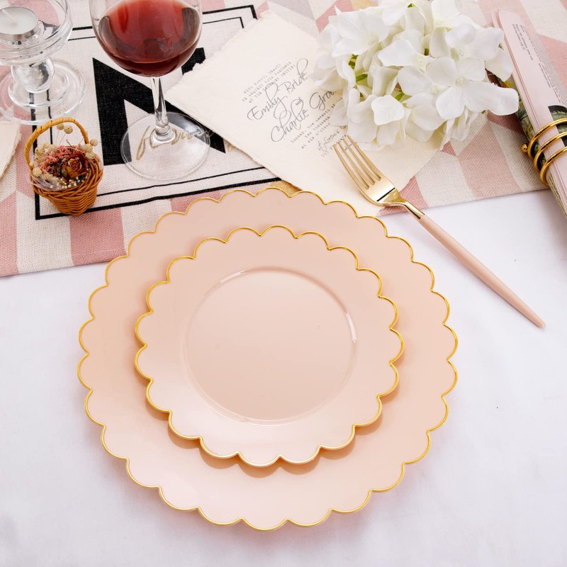LIYH 60 Pcs Pink Plastic Plates with Gold Pink Plates Disposable Plate Includes 30 Dinner 10.25" and 30 Dessert Plate 7.5" for Baby Shower,Weddings,Parties,Birthday,Mothers Day