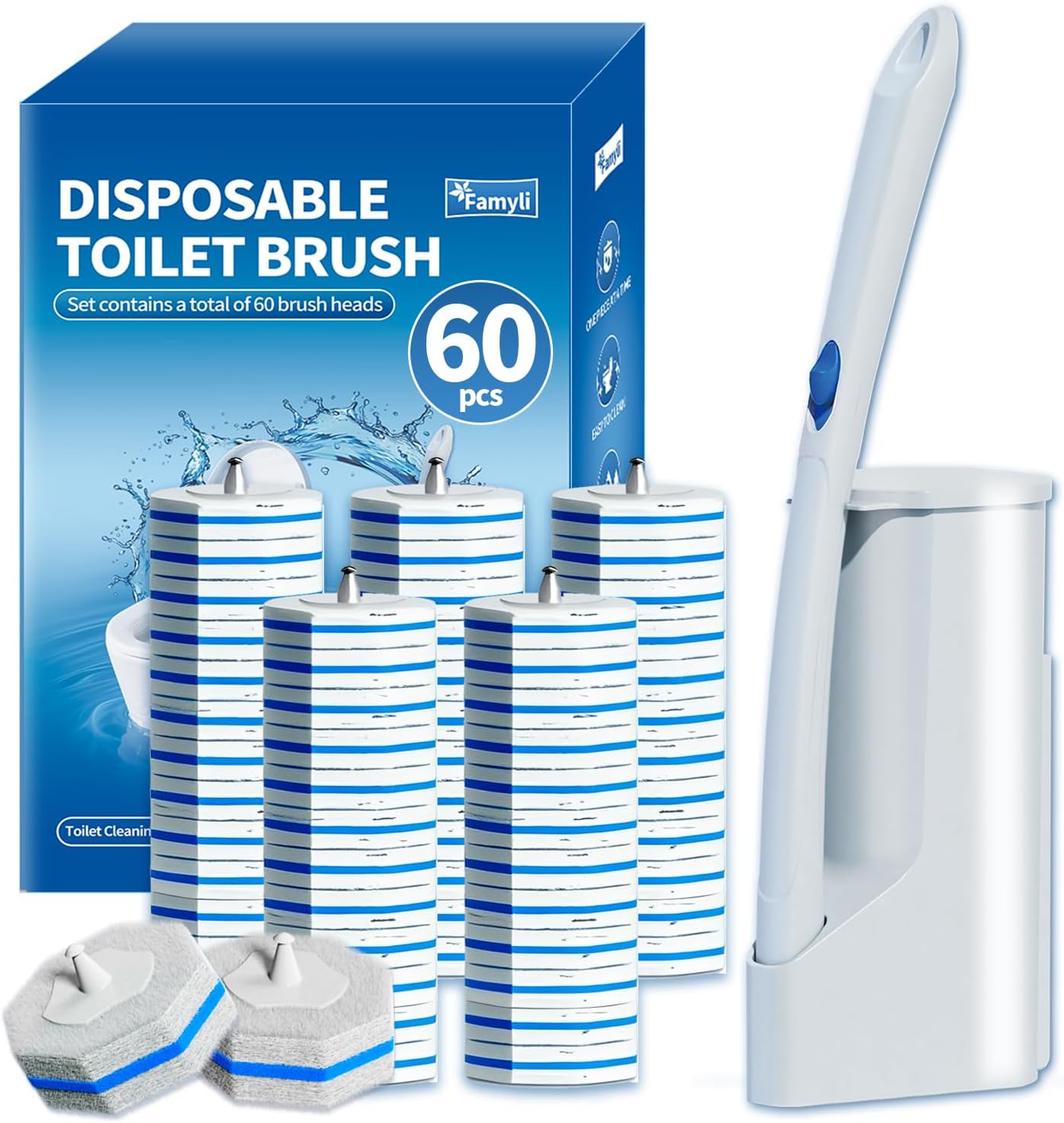 Skiennix Disposable Toilet Brush Set - 60 Replacement Heads & Storage Case for Deep Cleaning