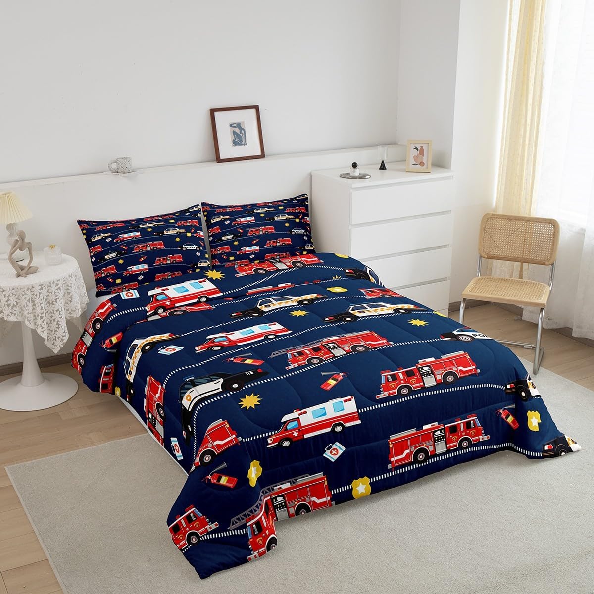 Cartoon Police Car Bedding Set Red Fire Truck Comforter Set for Kids Boys Fire Extinguisher Duvet Set Airplane Comforter 1 Comforter Set with 2 Pillowcases Full Size Boys