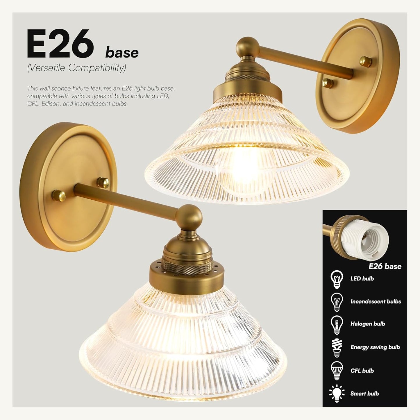 Vintage Wall Sconce 1-Light with Clear Ribbed Glass Shade, Industrial Hardwired Wall Light Fixture for Bedside Living Room Vanity Bathroom Hallway