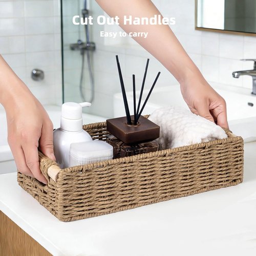 CubesLand Back of Toilet Storage Basket - Handwoven Wicker Organizer with Cut-Out Handle | Neutral Home Decor