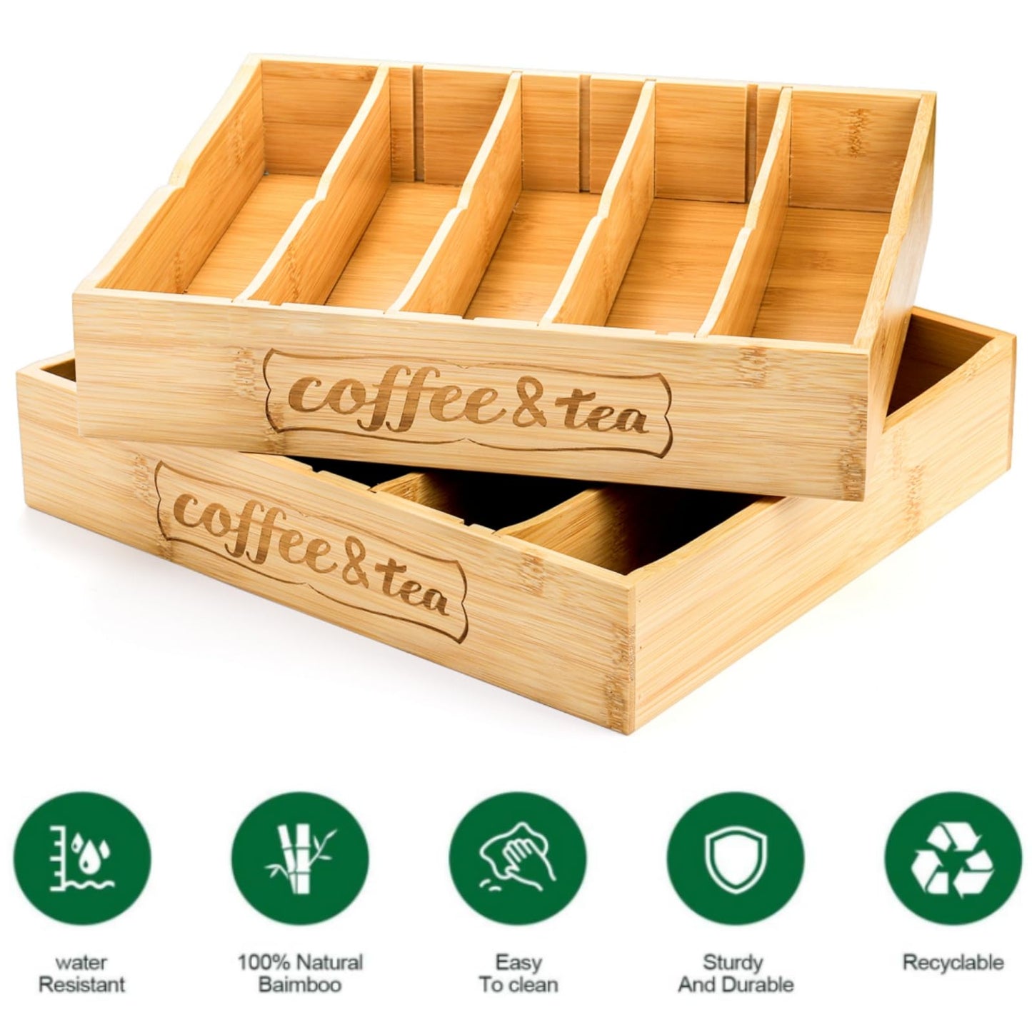 Lyellfe 2 Pack K Cup Holder for Drawers, Bamboo Tea Bag Organizer with Adjustable Dividers, Silverware Utensil Flatware Tray for Coffee Station Home Office, Kitchen