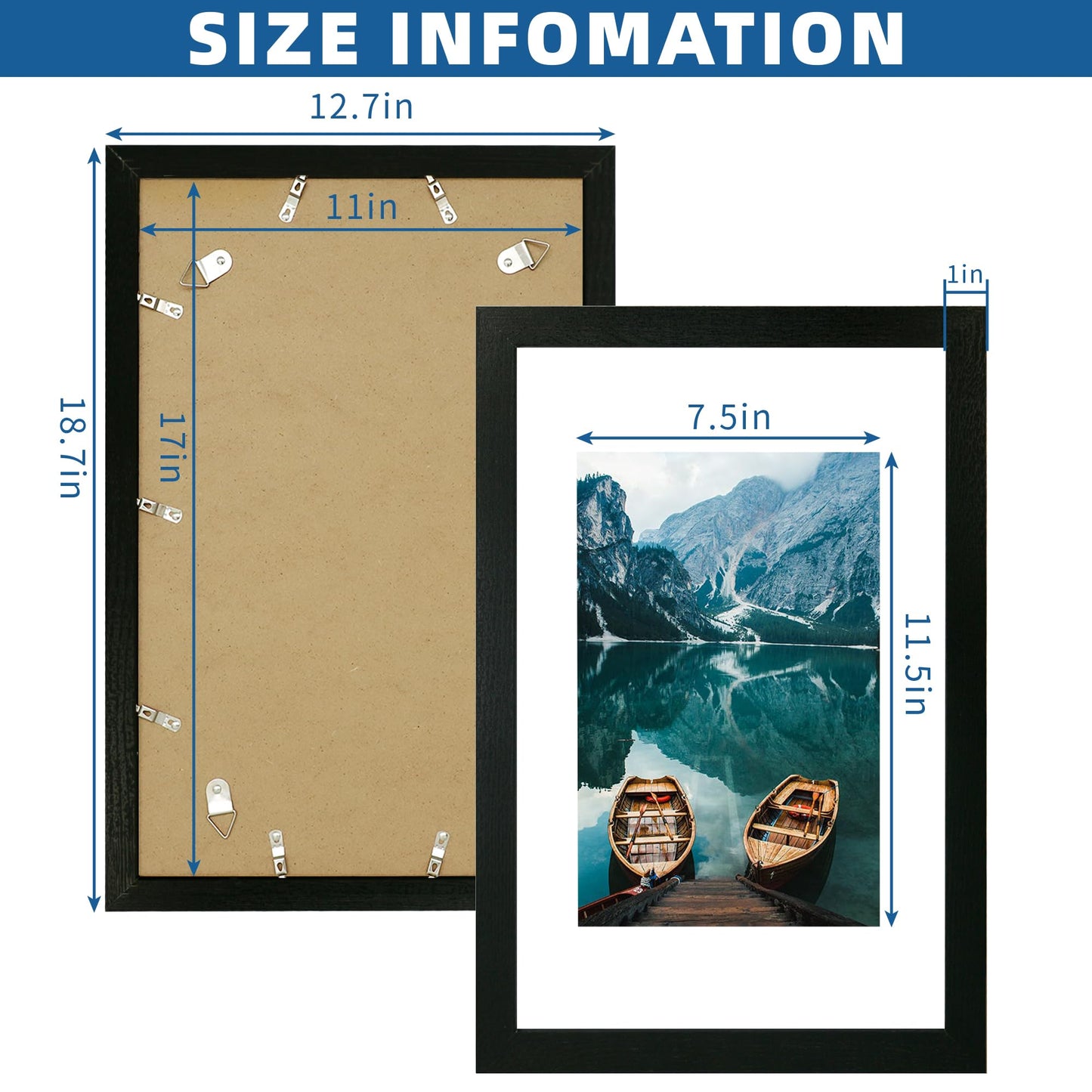 Hongkee 11x17 Frame Set of 2, Rustic Black Wood Style - Display 11 x 17 Poster without Mat or 8x12 Picture with Mat, Wall Mounting Horizontal and Vertical