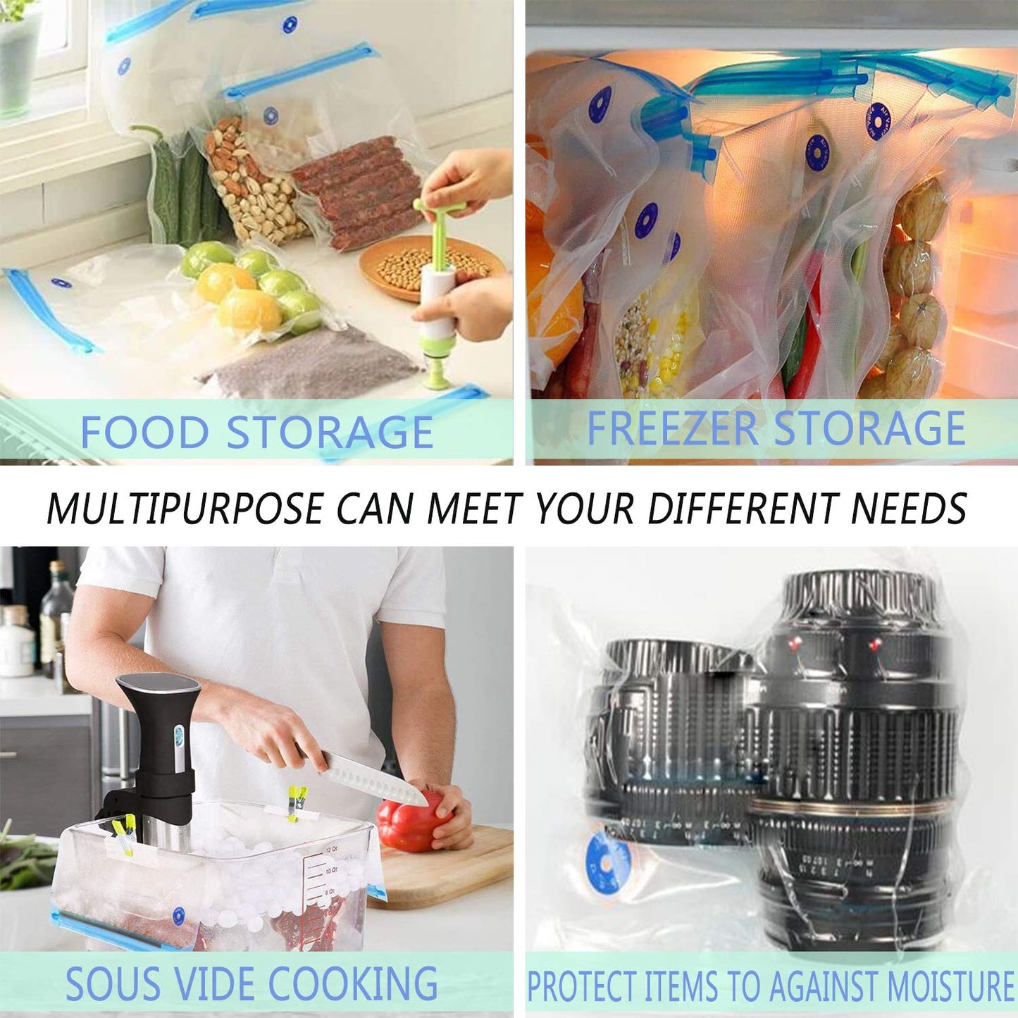 Sous Vide Bags 60pcs Reusable Vacuum Sealer Bags with 4 Sealing Clips, Reusable Vacuum bags for Food Storage and Sous Vide Cooking (8.2x8.7 Inch)