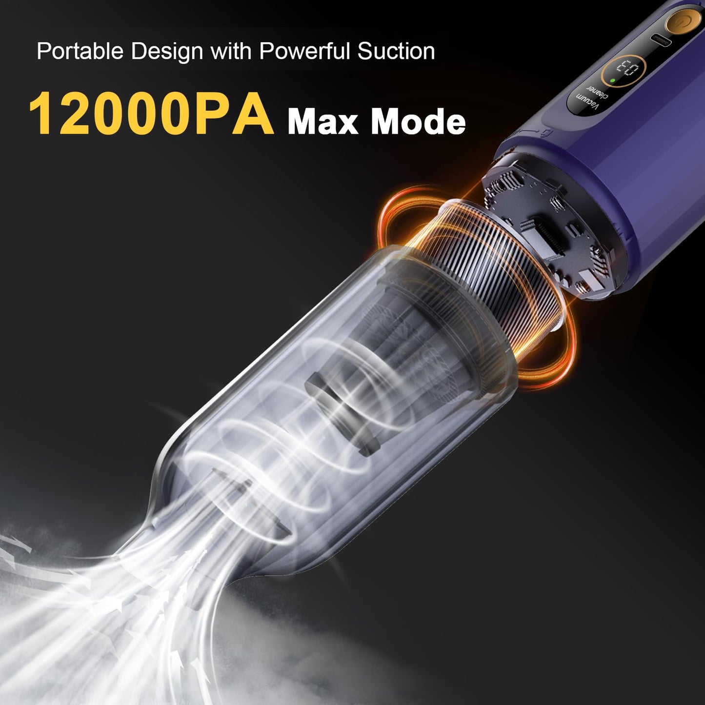 Cordless Handheld Vacuum Cleaner, 12000Pa Portable Car Vacuum with 3 Gear Speed Display, 4 in 1 Small Vacuum/Air Duster/Mini Blower/Hand Pump, Cordless Vacuum Cleaner for Car Keyboard Desk Home