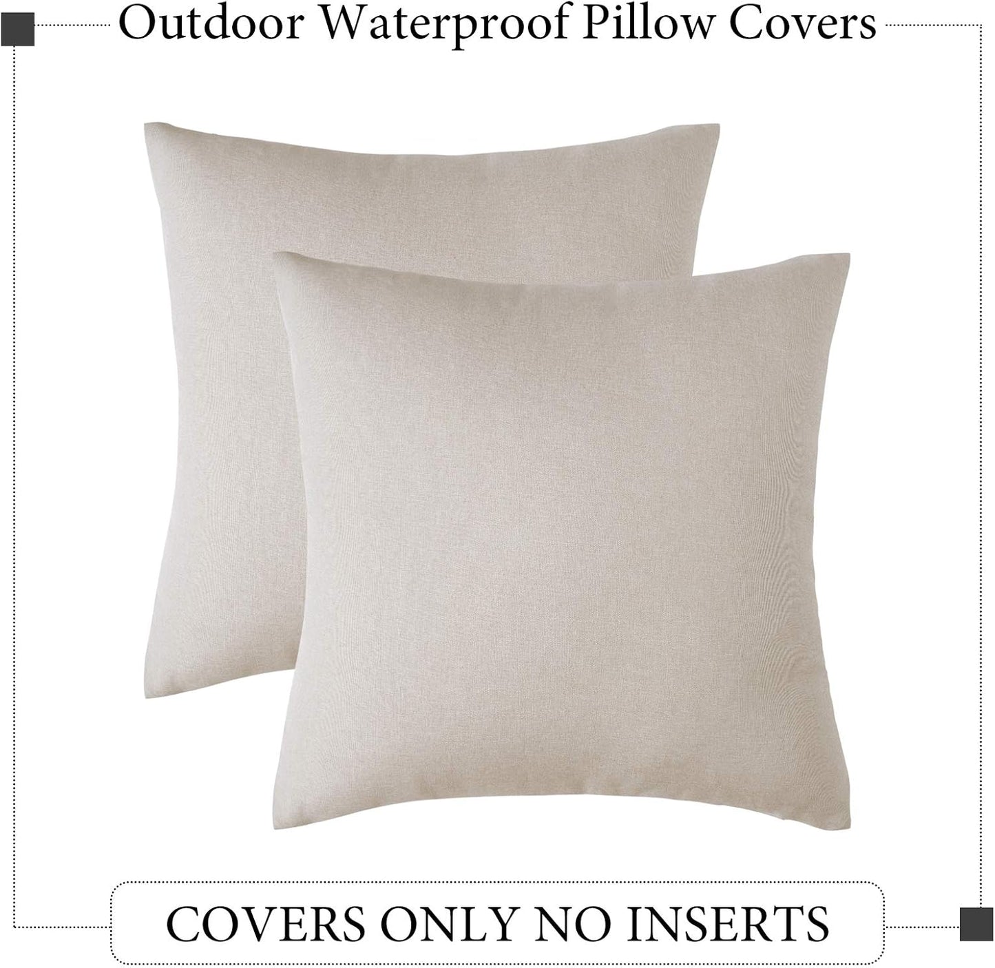 Woaboy Outdoor Waterproof Throw Pillow Covers - Set of 2 Beige Linen Cushion Cases | 16x16 Inch for Patio & Living Room