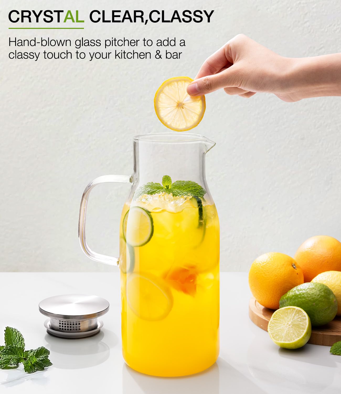 LUNA&MANTHA Glass Pitcher, 2 Liter 68oz Water Pitcher with Lid and Spout, Large Ice Tea Jug for Fridge, Thick Drink Jug with Handle for Juice, Coffee, Borosilicate Glass Carafe Hot/Cold Beverage