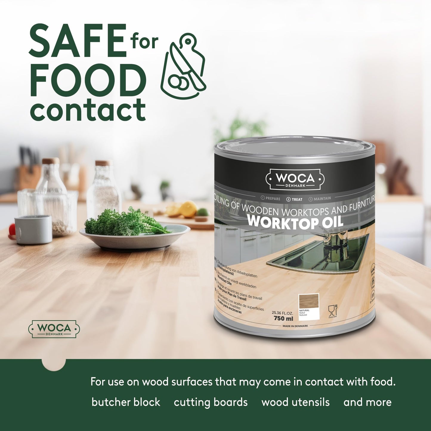 WOCA Denmark Worktop Oil Natural |750 ml| Finish & Restore Wood Butcher Block countertops, Cutting Boards, Kitchen Furniture and Other Wood Items Naturally. Food Contact Safe