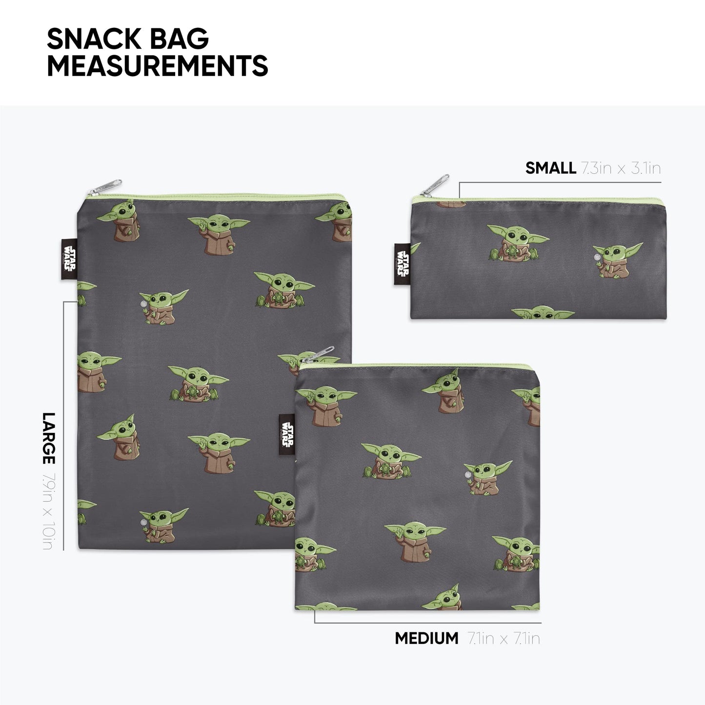 Simple Modern Star Wars Reusable Snack Bags for Kids | Food Safe, BPA Free, Phthalate Free, Polyester Zip Pouches | Washable & Refillable Sandwich Bag | Ellie Collection | 3 pack | Grogu Force Strong