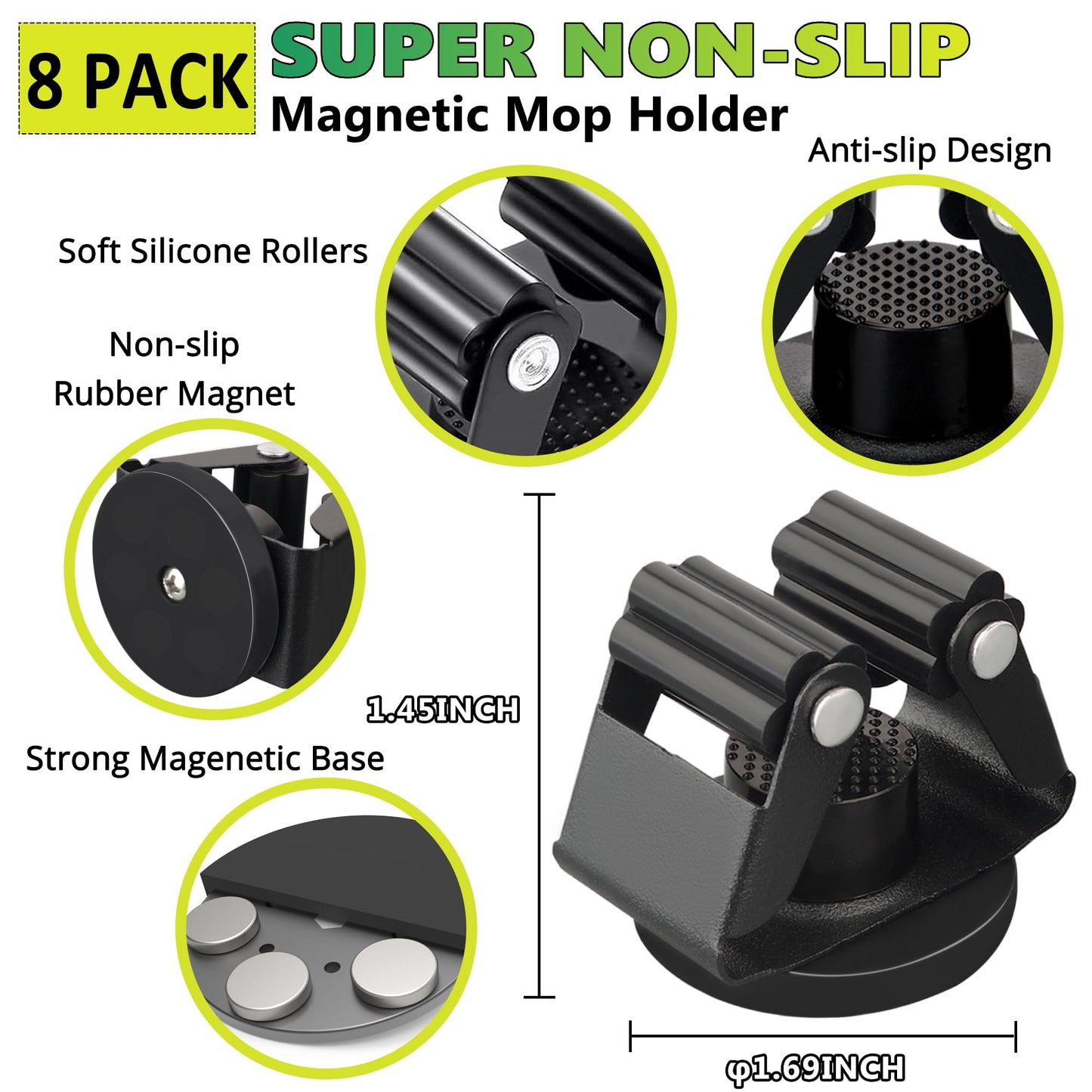 ULIBERMAGNET Magnetic Mop Broom Holder,Heavy Duty Movable Magnetic Broom Holder Rack,Anti-slip Wall Mounted Utility Storage Mop Shovel Hanger for Garage, Kitchen, Laundry, Garden(8 Pack/Black)
