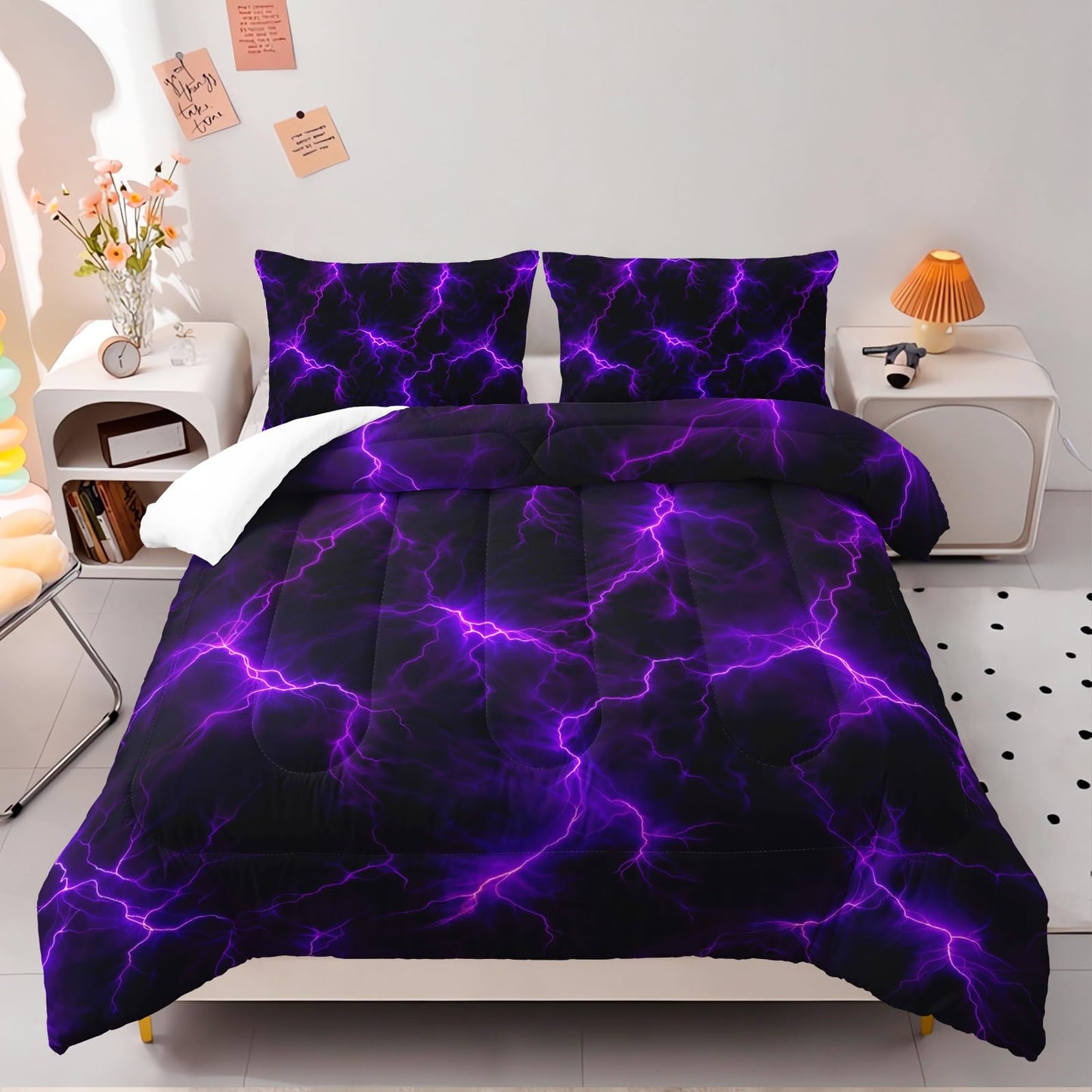 Nttopship Violet Lightning Comforter Set Queen Thunder Bedding Sets 3PCS for Kids Teen Adult Violet Room Decor Ultra-Soft Lightweight Microfiber 1 Comforter with 2 Pillowcases