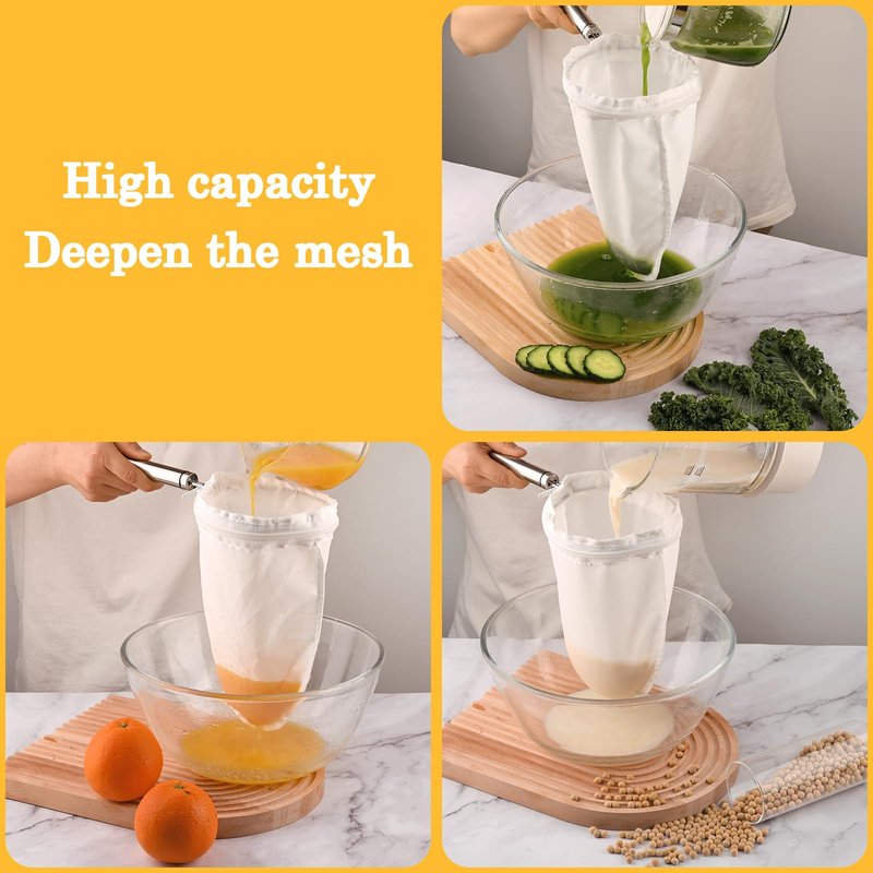 WMKGG Ultra Fine Mesh Strainer Bags,Cheese Cloth Bag for Straining, with Stainless Steel Handle Frame for Juices,Nut Milk,Fresh Cheese,Yogurt (Small Size)(4.95"Wx9.6"D)