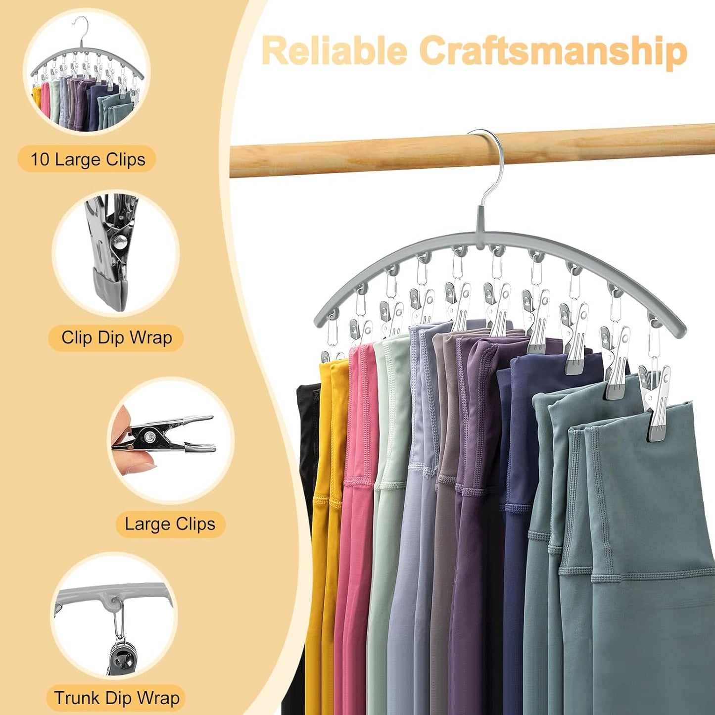 Volnamal Legging Organizer - Space-Saving Metal Yoga Pants Hanger | 2-Pack with 10 Clips, Grey
