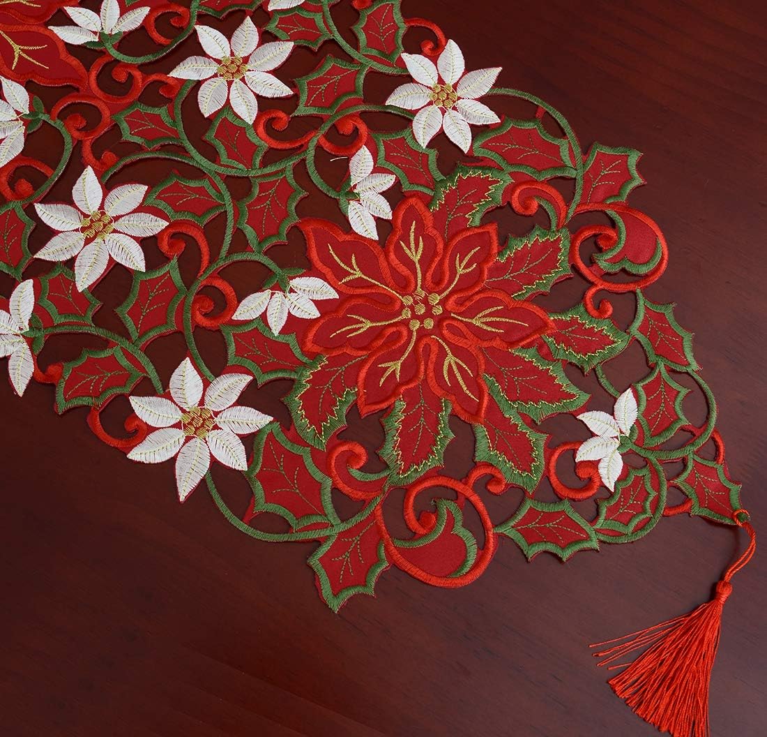 Christmas Poinsettia Table Runner - 13x36 Inch Holiday Dresser Scarf