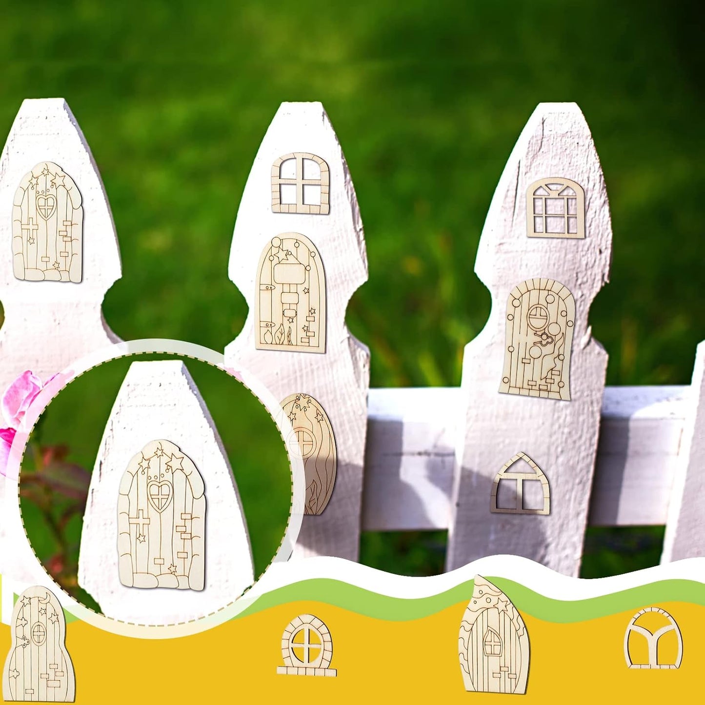 Skiennix Fairy Door Mini Wooden Garden Kit - 64 Unfinished Craft Doors & Windows for DIY Decor