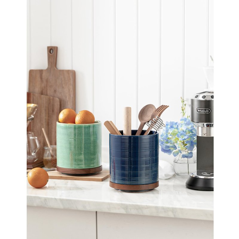 MIKIGEY Utensil Holder, 360° Rotating Extra Large Ceramic Kitchen Utensil Holder for Countertop, 7.3“ Cooking Utensil Crocks for Kitchen Counter with Rotatable Wooden Base, Farmhouse Decor, Dark Blue