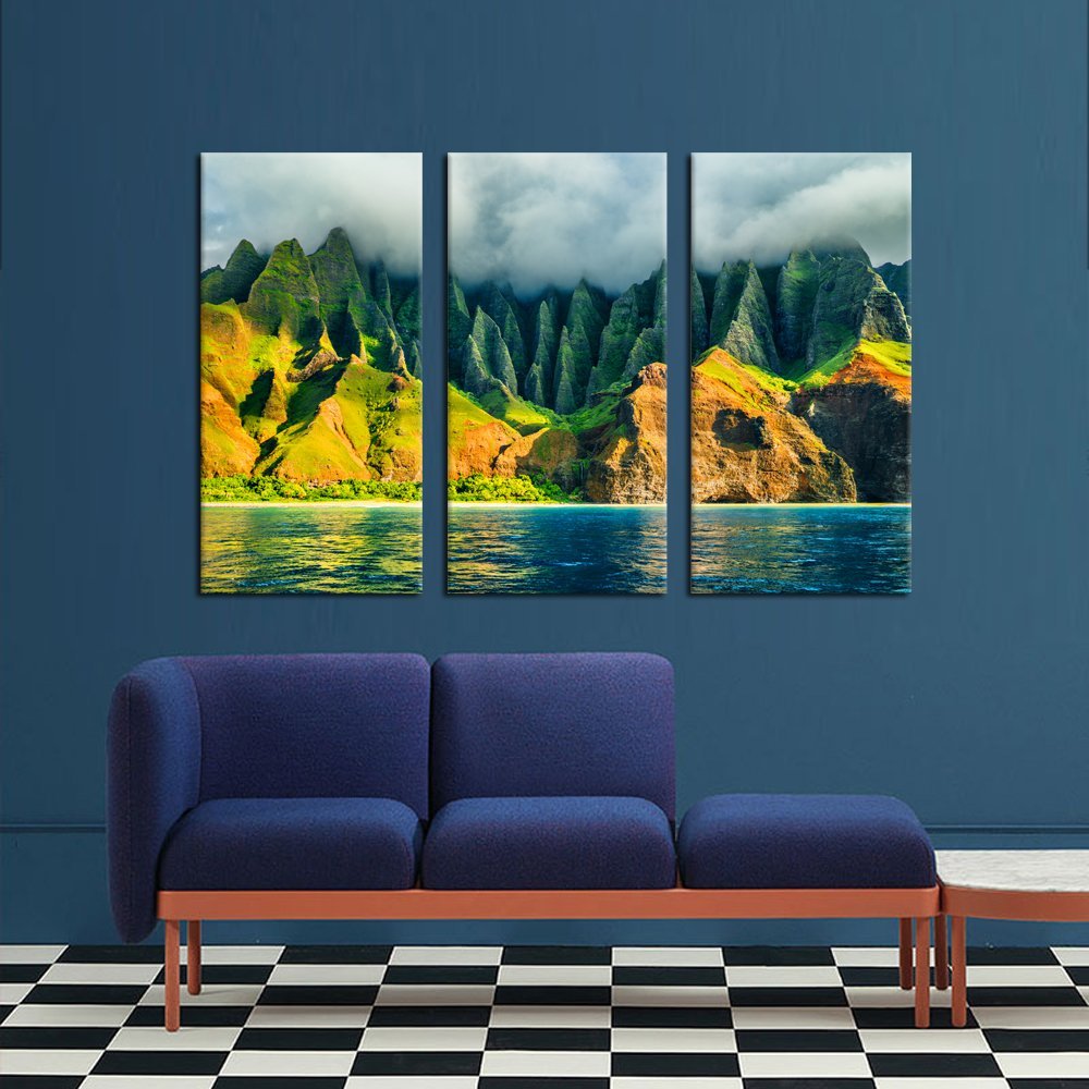 iKNOW FOTO Large 3 Panel Canvas Wall Art Na Pali coast Kauai Hawaii Sea Sunset Cruise Tour Pictures Prints Nature Coastline Landscape Travel Photography Framed Artwork for Home Decor 16x32inchx3pcs