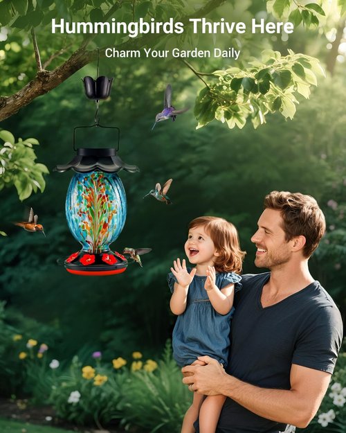 HouseSapp Solar Hummingbird Feeder - 49 Fl. Oz Color Changing Glass - 7 Feeding Ports with Perch - Ideal for Outdoor Use (Blue)