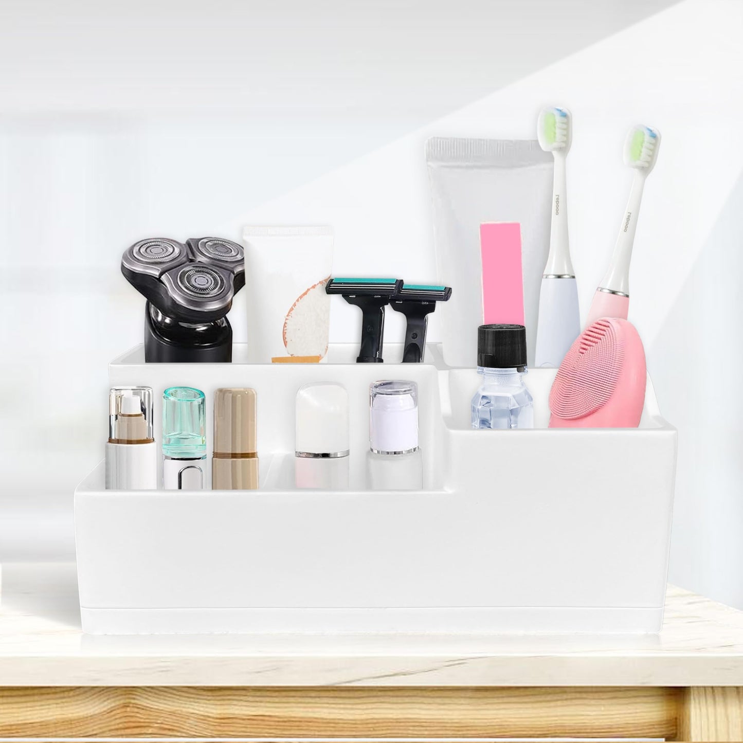 UNICYEEGAR Multi Use Bathroom Toothbrush Holder, Bathroom Accessory Storage for Toothpaste- Electric Toothbrush- Razor and Other Items, Cosmetic Organizer, 5 Compartments, Resin in Soft Touch White