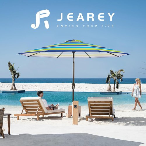 JEAREY 9FT Outdoor Patio Umbrella - Push Button Tilt & Crank | UV Protection, Waterproof - Blue-Green Stripe