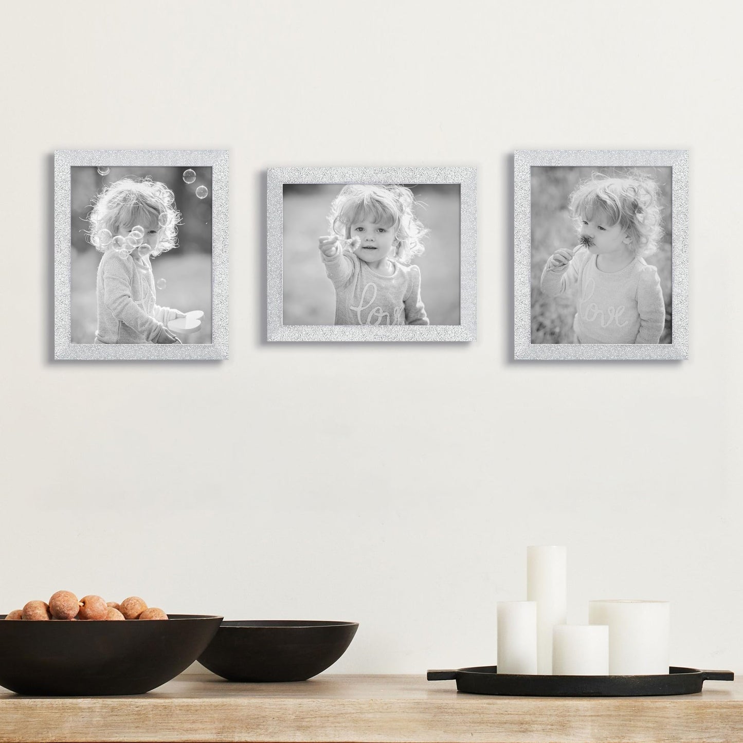 NWDCLF 8x10 Glitter Picture Frame Set of 3, Stylish Sparkling Photo Frames with 5x7/4x6 Mat, Solid Wood and Real Glass for Tabletop or Wall Mount, Cute Home Office Decor, Silver
