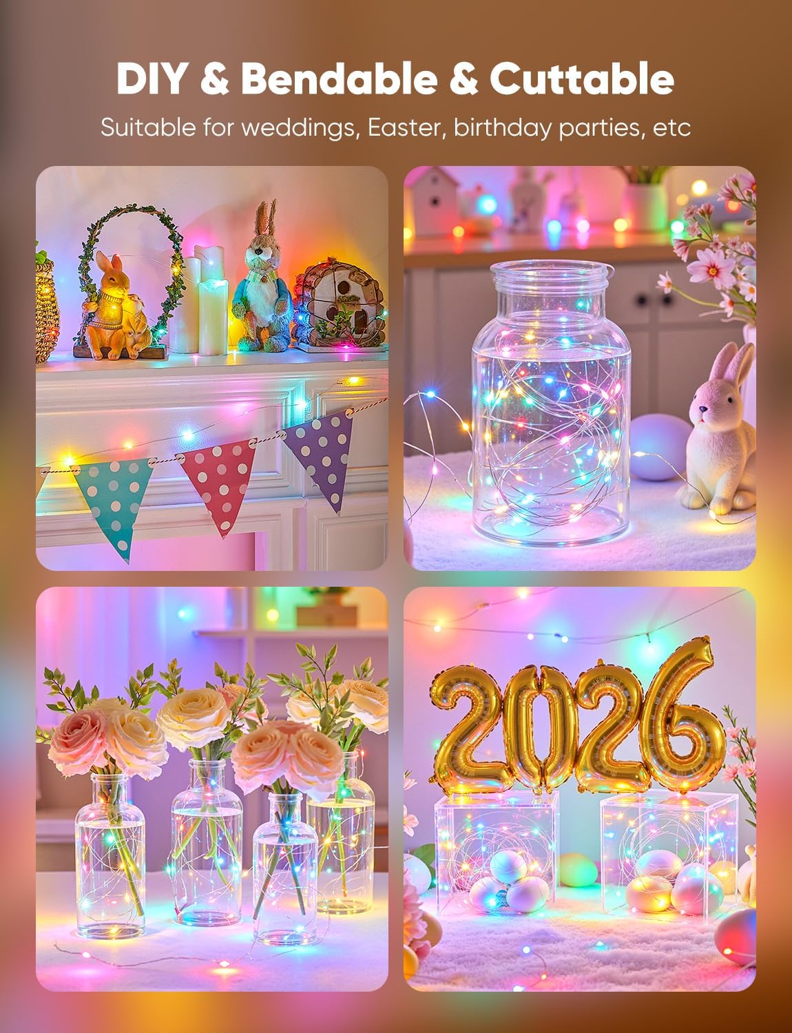 Minetom 20 LED Fairy Lights - 7ft Battery Operated Pastel Christmas & Easter Decor | Waterproof Silver Wire