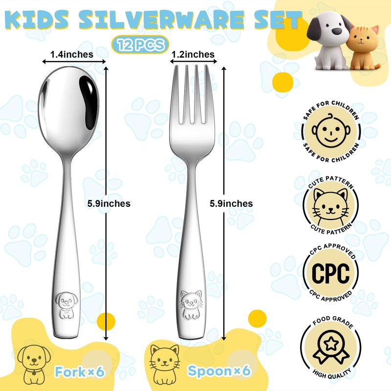 LIANYU 12 Pieces Kids Silverware Set, Stainless Steel Toddler Utensils, Food Grade Toddler 6 Forks and 6 Spoons for Self-Feeding, Metal Kids Cutlery Set with Cute Pattern, Dishwasher Safe