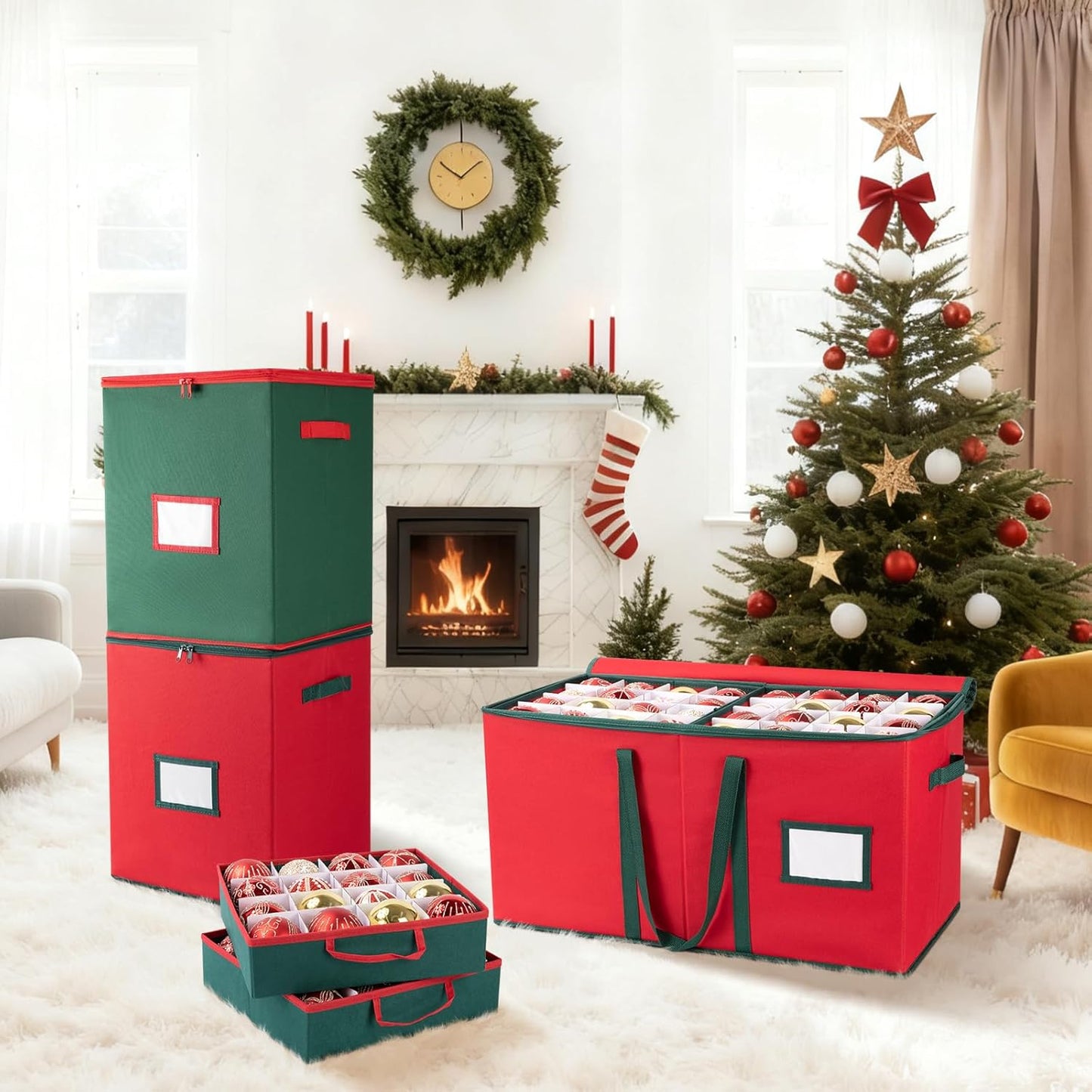 OIAHOMY Christmas Ornament Storage Box - Holds 80 Ornaments with Trays & Zippers | Durable 600D Oxford Fabric - Red