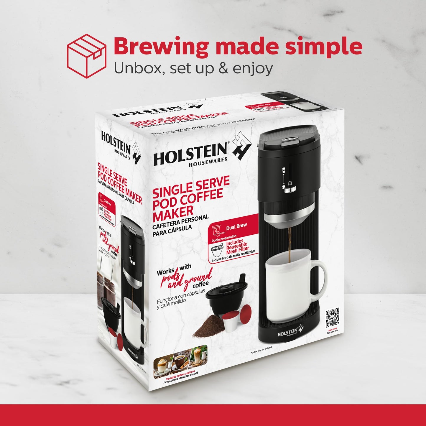 Holstein Housewares 2-in-1 Single Serve Coffee Maker, Dual Brew, Compatible with K-Cup Pods & Ground Coffee, Reusable Filter Included, Compact Drip Coffee Machine, 14oz Tank, Fits Most Cups - White