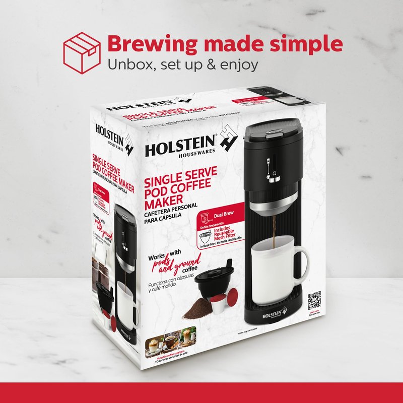 Holstein Housewares 2-in-1 Single Serve Coffee Maker, Dual Brew, Compatible with K-Cup Pods & Ground Coffee, Reusable Filter Included, Compact Drip Coffee Machine, 14oz Tank, Fits Most Cups - White