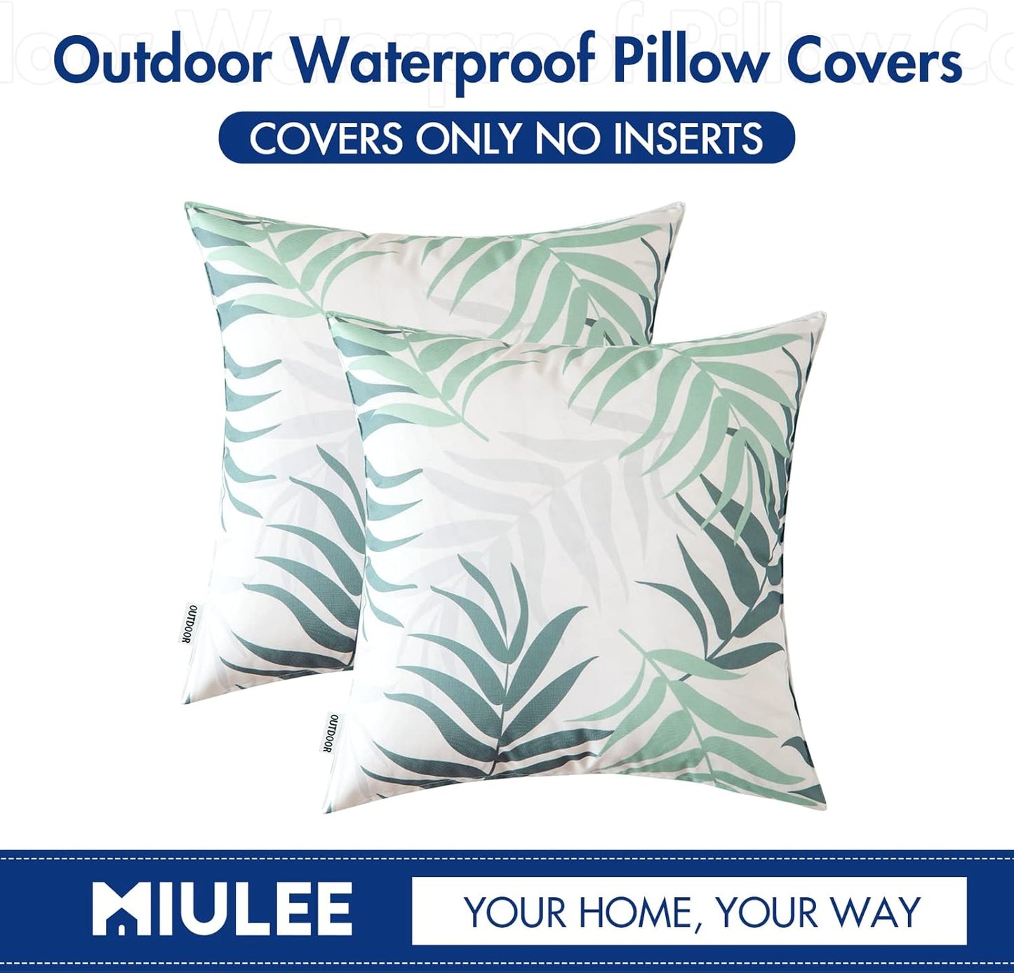 MIULEE Outdoor Waterproof Throw Pillow Covers - Spring Natural Leaves Pattern | 18x18 Inch, Greyish Green - Pack of 2