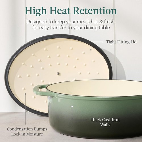 Best Choice Products Oval 7.5 Quart Enamel Cast-Iron Dutch Oven - Heavy-Duty Pre-Seasoned Cooking with Side Handles | Deep Olive Green