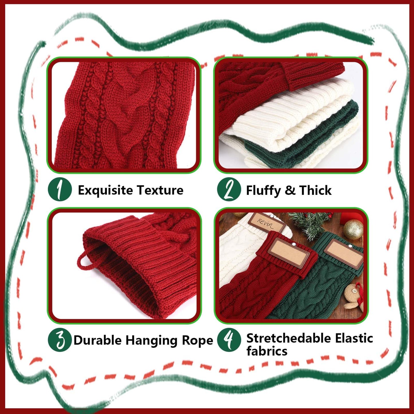 18” Personalized Christmas Stocking with Names, Custom Christmas Stockings Set of 4 with Leather Patches, Large Knitted Christmas Stockings for Kids with Pen & 4pcs Christmas Stocking Holders - 4pcs