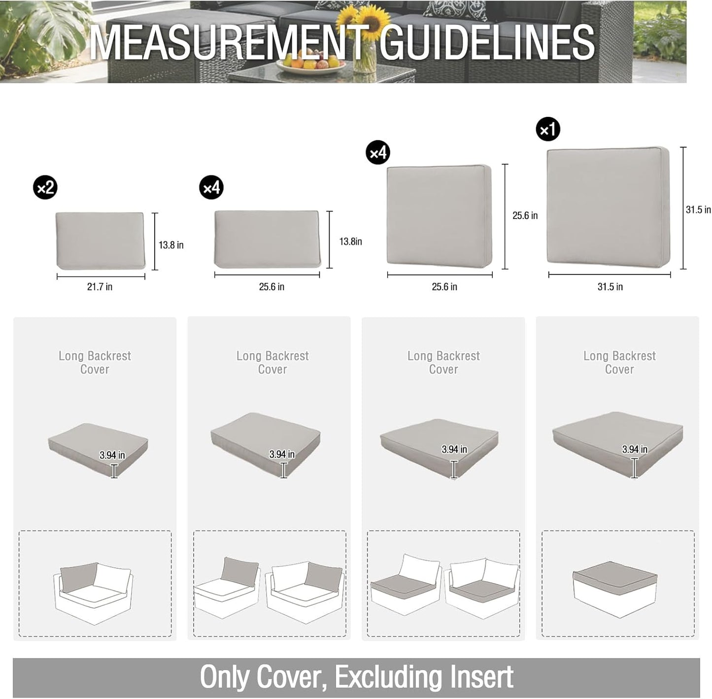 Skiennix 11-Piece Patio Cushion Covers - Waterproof Slipcovers for 6-Seater Sofa | Light Gray, Washable 25.6" L x 25.6" W x 3.94" H