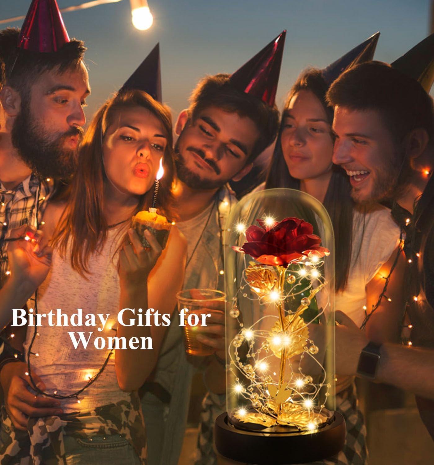 Birthday Gifts for Women,Beauty and the Beast Rose in Glass Dome,Preserved Rose with Warm Lights,Flower for Delivery Prime,Forever Flower Gifts for Women Mom Wife Girlfriend, Anniversary Birthday Gift