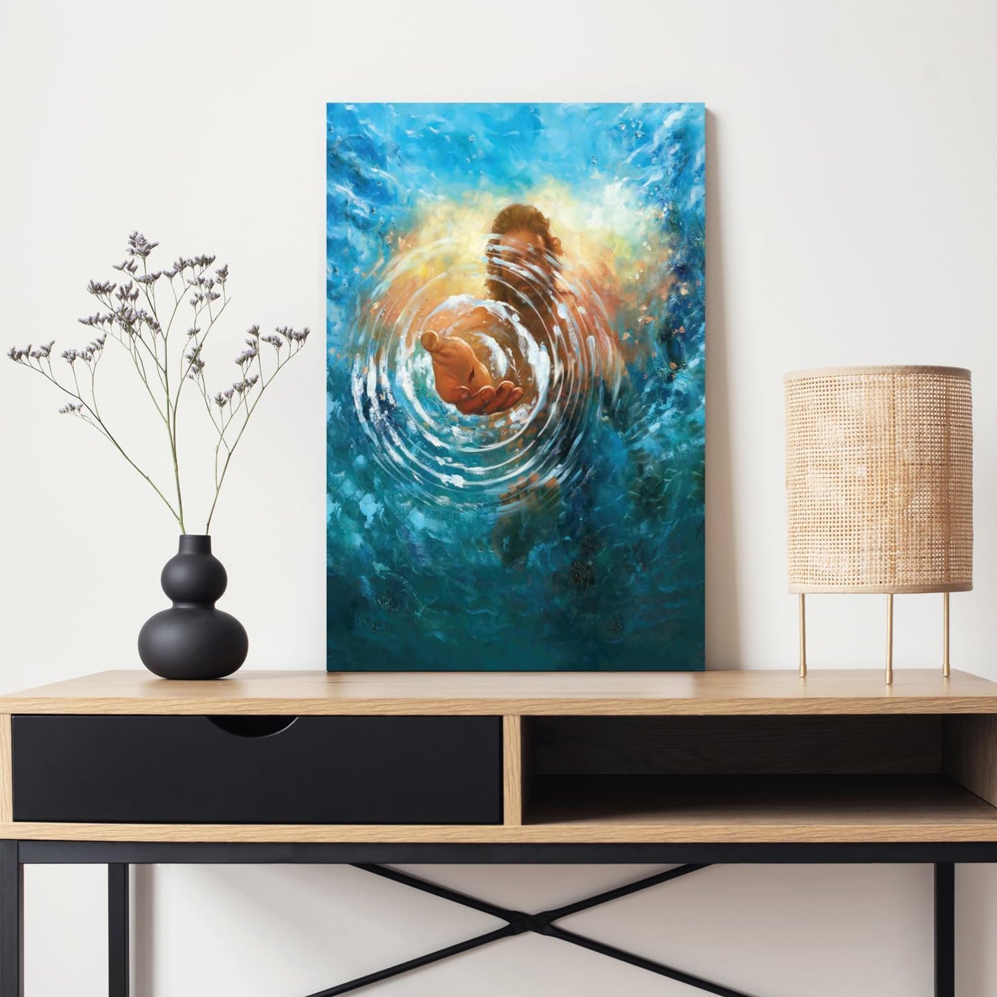 2 Pcs Framed Jesus Wall Art, The Hand of God Jesus Reaching Into Water Poster Prints, Christian Christmas Gifts, Bible Blue Ocean Wrapped Canvas Painting for Church Prayer Room Hospitals 16"x24"