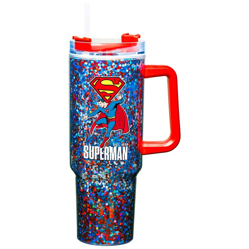 Spoontiques Superman 40oz Glitter Acrylic Travel Mug - Double Wall Acrylic with Sliding Lock Travel Lid and Straw - 11" Tall