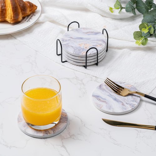 Hoewina 6Pcs Drink Coasters with Holder, Marble Style Ceramic Drink Coaster, Absorbent Coasters Set Suitable for Kinds of Cups, Modern Style Coasters for Coffee Table, 4 Inches(Style 8)