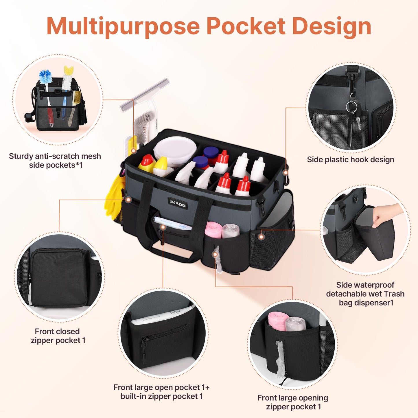 JKAOO Large Wearable Cleaning Caddy Bags,Cleaning Supplies Storage Bag with Handles and Adjustable Shoulder Strap and Removable Waist Straps,Waterproof Cleaning Bags for Home,Car,Office (Gray)