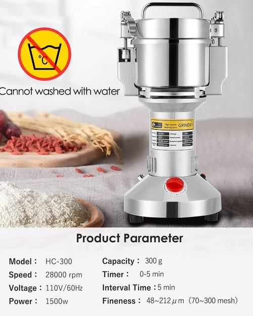 CGOLDENWALL 300g Electric Grain Mill Grinder Safety Upgraded Spice Grinder Pulverizer Stainless Steel Machine for Dry Spices Herbs Grains Coffee Seeds Rice Corn Pepper 110V