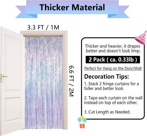 Iridescent Party Decorations - Holographic Tinsel Foil Streamers | 2 Pack 3.3x6.6 FT for Birthdays & Events