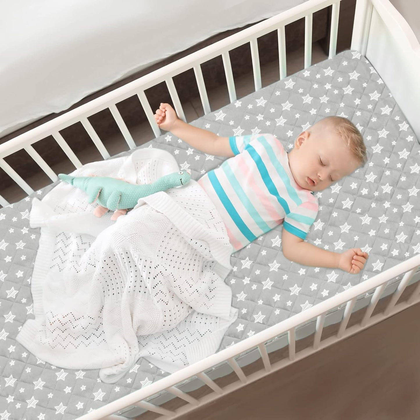 Skiennix Crib Mattress Protector - Waterproof Quilted Pad Cover, Extra Soft & Breathable | 52" x 28", Grey & White Star (2 Pack)