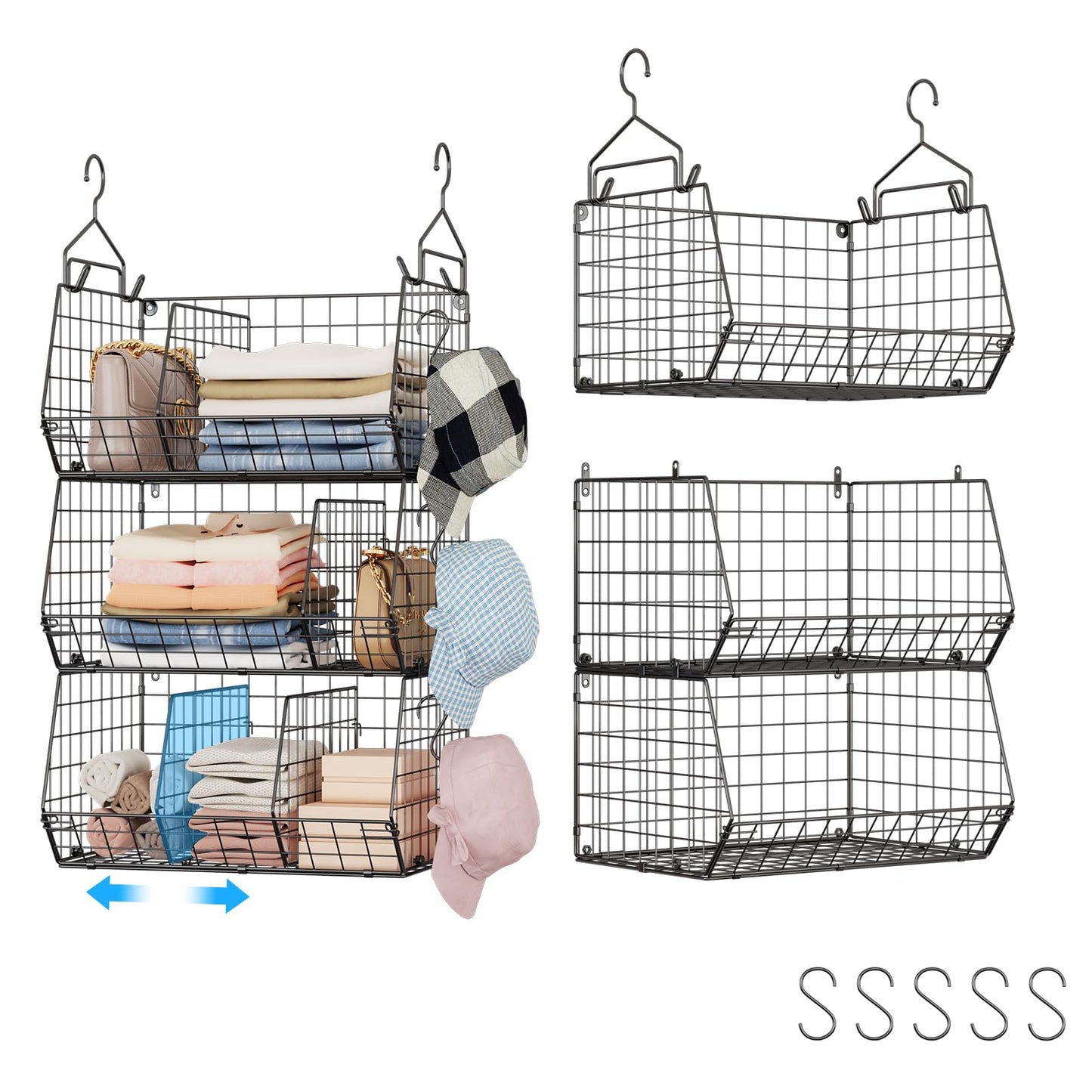 Jautokerdar 3 Tier Closet Hanging Shelves with Divider, Extra Large Closet Organizers and Storage, Clothes Hanging Organizer Clothing Sweaters Handbags Clutches Accessories