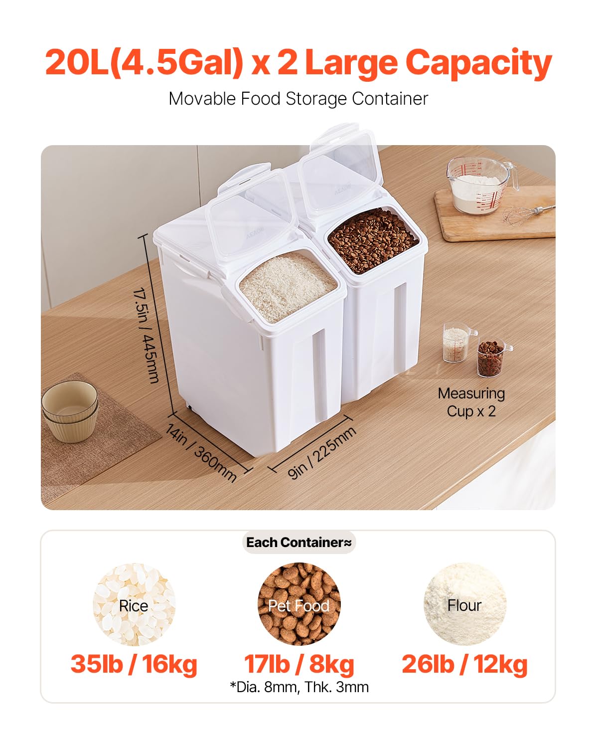 VEVOR Rice Storage Container, 4.5Gallon/20L x2 Capacity Large Dog Food Dispenser Bin, Kitchen Ingredient Grain Cereal Flour Bin, Pet food Containers with Wheels, 2 Measuring Cups, Airtight Lid, 2 Pack