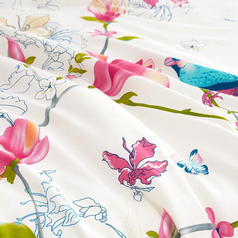 Wake In Cloud - Floral Bed Sheets, 100% Cotton, 4-Piece Sheet Set, Bird Patterned Printed Botanical Boho Flower Aesthetic Bedding, Deep Pocket, Pink Beige, King Size