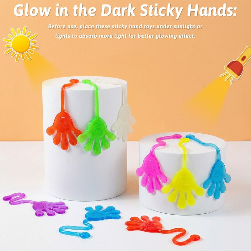NatNarr 50 PCS Glow Sticky Hands Party Favor for Kids Holiday Traditions Goodie Bags Stuffers Glow Sticky Hands Toys End of Year Student Gifts Classroom Prizes Treasure Box Birthday Party Favors